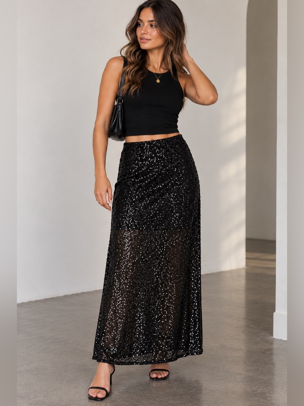Urban Renewal UO Black Sequin Maxi Skirt S Upcycled Holiday NYE